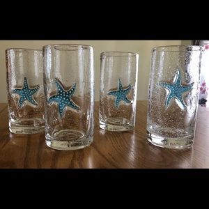 4 Aqua Blue Starfish Bubble Glass Tumblers/Glasses